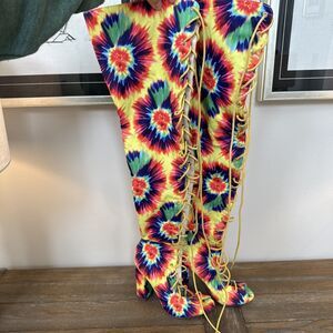 Pazzle Over Knee Boots High Heel Multicolor Tie Dye Womens 7 Open Toe  Lace Up